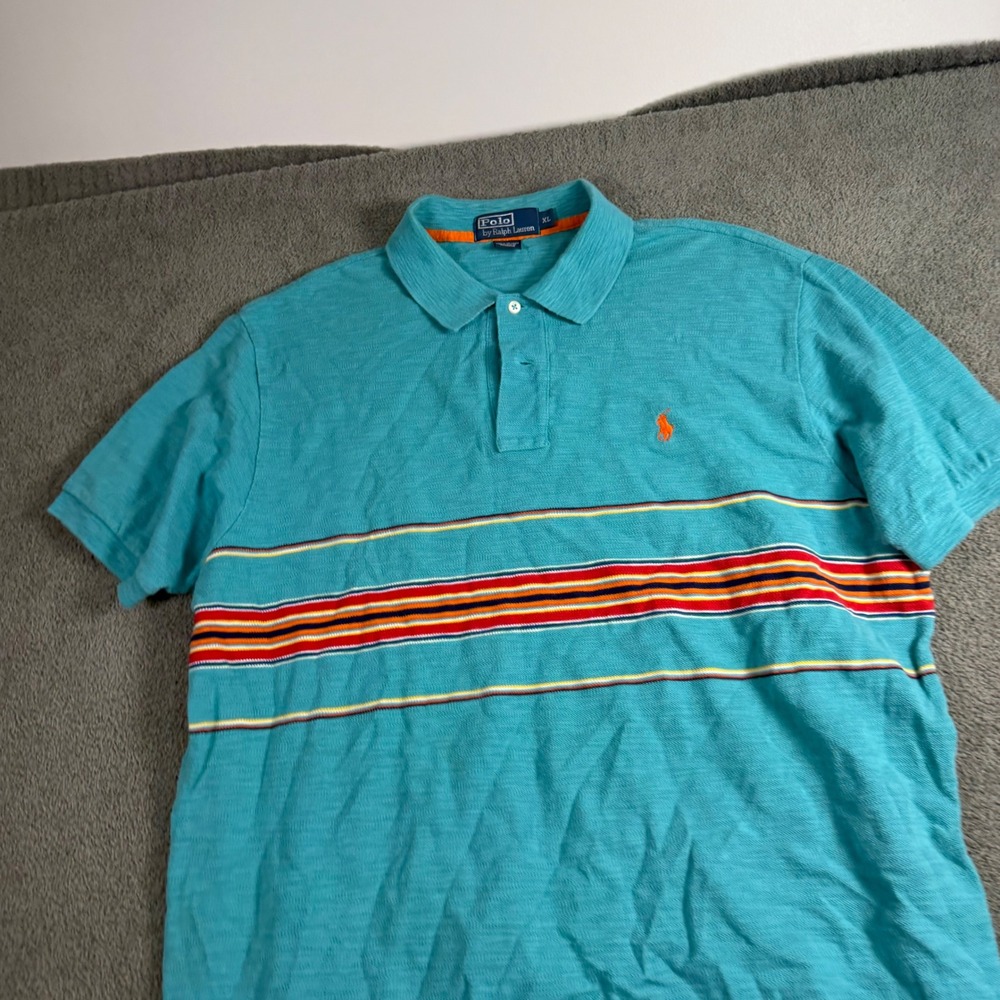 Polo Ralph Lauren Mens XL Turquoise Blue Slub Knit Striped Short Sleeve Polo
